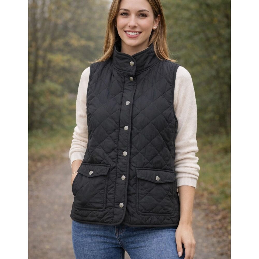 SAVILE ROW CO Quilted Vest Medium Women's Sleeveless Jacket Black Coat Snap